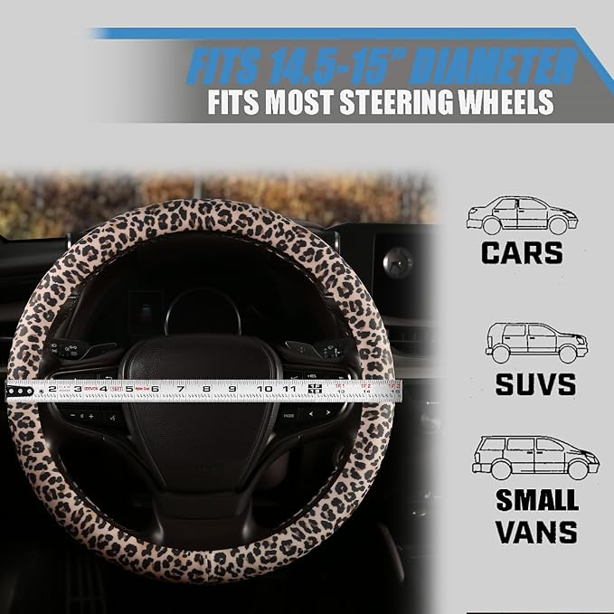 Leopard Print Steering Wheel Cover with Silicone Inner Ring, Non-Toxic, Odorless Silicone Leather with Non-Fading Cheetah Pattern for Men Women, Universal 14.5 to 15 Inch (Leopard Print)