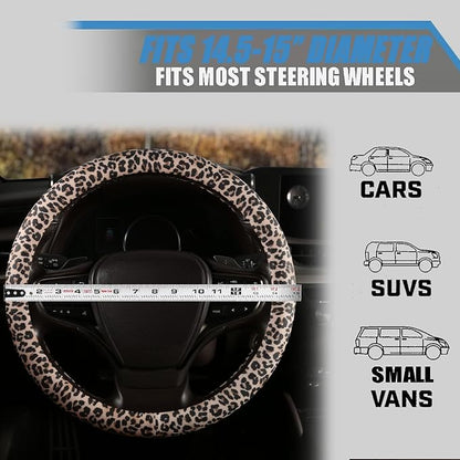 Leopard Print Steering Wheel Cover with Silicone Inner Ring, Non-Toxic, Odorless Silicone Leather with Non-Fading Cheetah Pattern for Men Women, Universal 14.5 to 15 Inch (Leopard Print)