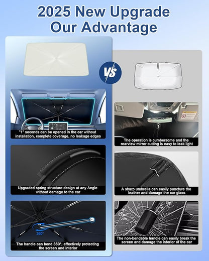 helloleiboo Car Windshield Sun Shade Umbrella 57" x 32", Windshield Sun Shade Foldable with 5-Layer Thickened Vinyl Coating Reflective Heat & UV Protection Fits Most Sedans & Compact SUVs