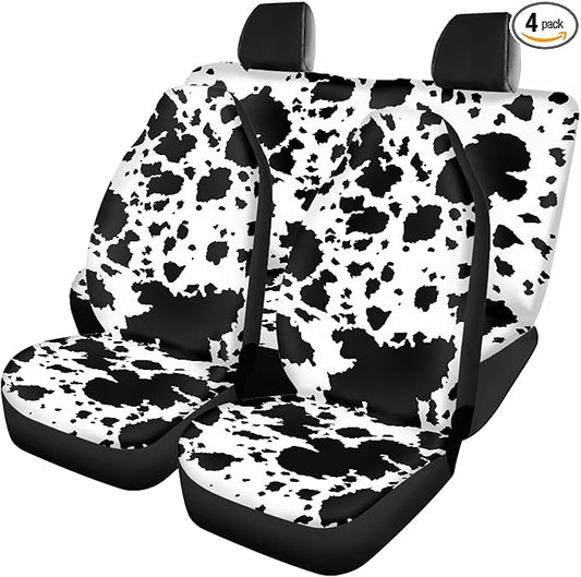 Cow Print Car Seat Covers Full Set,Rustic Spotted Milk Cow Fur Animal Skin Texture Black Cowhide Vehicle Front Rear Bench Cushion Protectors Auto Interior Accessories Universal Fit for Trucks