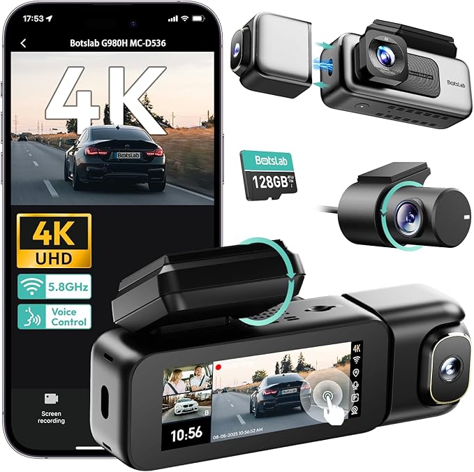 BOTSLAB G980H 4K 3-Channel Dash Cam Front Rear Inside, 360° Full Coverage, 3.18" Touch Screen, Free 128GB Card, 24/7 Parking Mode with Sentry & Time-Lapse, Voice Control, 5GHz WiFi, GPS, Night Vision