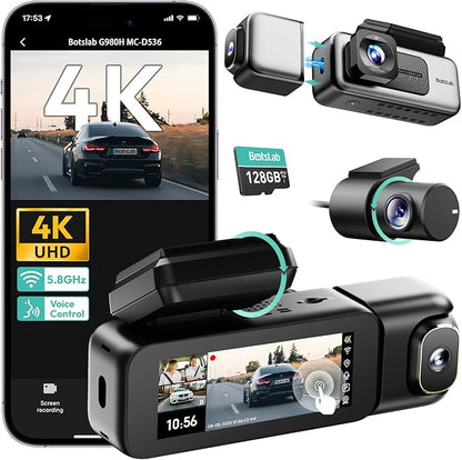 BOTSLAB G980H 4K 3-Channel Dash Cam Front Rear Inside, 360° Full Coverage, 3.18" Touch Screen, Free 128GB Card, 24/7 Parking Mode with Sentry & Time-Lapse, Voice Control, 5GHz WiFi, GPS, Night Vision