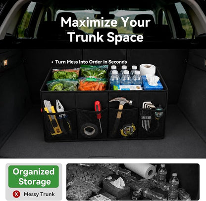 PAT SAM'S Car Trunk Organizer for SUV, Foldable Collapsible Storage Organizer with Dividers, Non-Slip Waterproof 600D Oxford, Backseat & Trunk Storage for Groceries, Tools, Toys (Black)