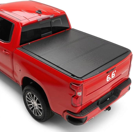 BDFHYK Hard Tri-Fold Tonneau Cover for Chevy Silverado 1500 2014-2019 for GMC Sierra 2500/3500HD 2015-2018 6.6 FT / 6'8" Bed, Waterproof with Anti-Theft Lock for Camping & Work Trucks