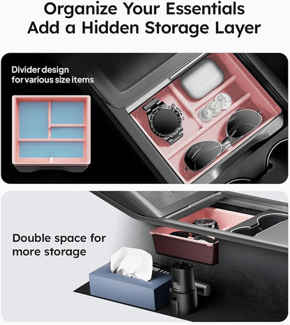 Wigoo Center Console Organizer for Tesla Model Y Juniper (Only Premium & Performance 2025 2026) and All Model 3 Highland Accessories [Double-Layer Storage, Smooth Sliding] 4PCS Pink