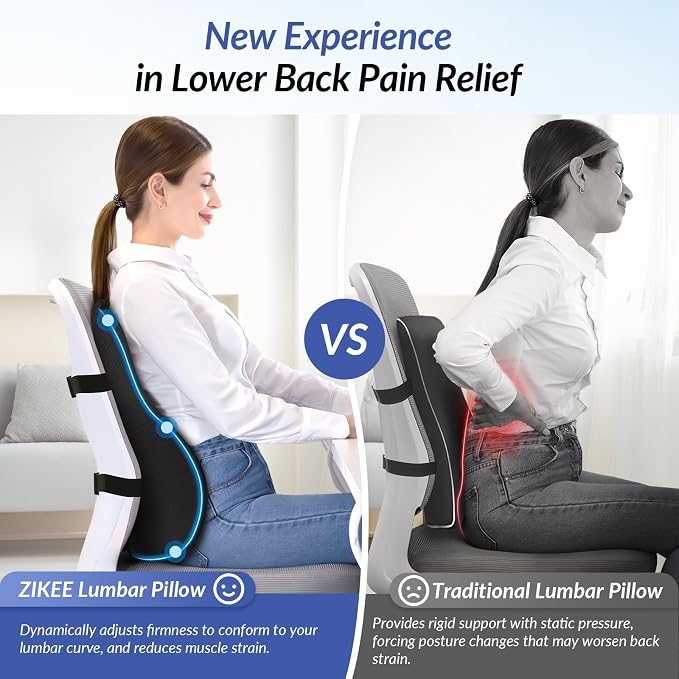 ZIKEE Adjustable Airbag Lumbar Support Pillow Provides Comfortable Support Back Pain Relief and Improves Posture, Ergonomic Memory Foam Back Support Pillow for Office Chair, Car, Home