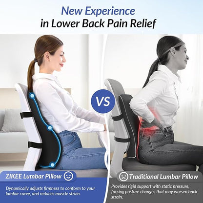 ZIKEE Adjustable Airbag Lumbar Support Pillow Provides Comfortable Support Back Pain Relief and Improves Posture, Ergonomic Memory Foam Back Support Pillow for Office Chair, Car, Home