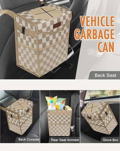 Pritent Car Trash Can with Lid, Cute Leakproof Car Trash Garbage Bag Hanging Vehicle Trash Bin Small Portable Automotive Garbage Cans Organizer for Back/Front Seat(Trapezoid,Khaki Checkered)