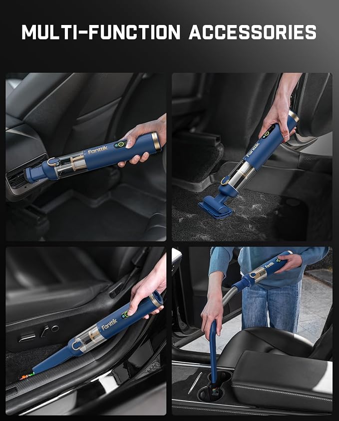 Fanttik Slim V10 APEX Cordless Car Vacuum, 4-in-1 Portable Mini Handheld Vac, 19kPa Suction Power, Upgraded Smart Digital Display, 2 Suction Modes for Small Jobs, Car, Office Desk, Keyboards (Blue)