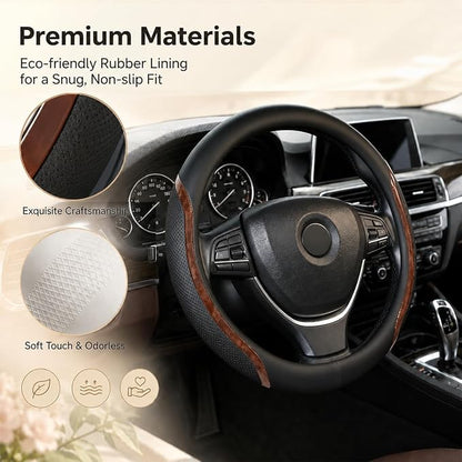 Steering Wheel Cover Black Wood Grain, Leather Car Steering Wheel Covers with Coasters Universal 14.5-15 inch Microfiber Breathable Anti-Slip Steering Wheel Accessories Set