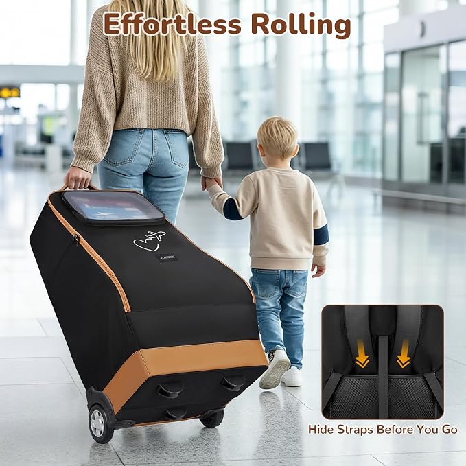YOREPEK Foldable Car Seat Travel Bag with Wheels, Rolling Gate Check Carseat Bags for Air Travel, Padded Car Seat Carrier For Airport, Clear Pocket for Baby Travel Essentials