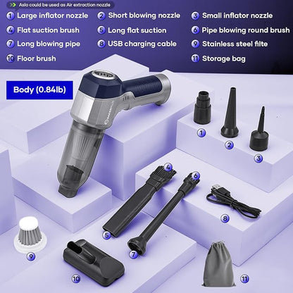 SakerPlus Mini Vacuum Cleaner, 3 in 1 Car Vacuum Cleaner High Power, 15000PA Powerful Suction, Air Duster, 7500mAh, Dual Filter,Adjustable Small Vaccum Portable Cordless for Cars,Desktop - Deep Blue