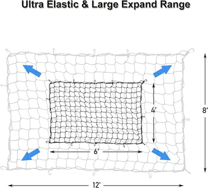 Amiss 4' x 6' Stretches to 8' x 12' Truck Cargo Net, Roof Rack Cargo Net for Pickup Trucks SUV, Heavy Duty Truck Bed Cargo Bungee Net with 12 Black Clips and Storage Bag, Car Exterior Accessories