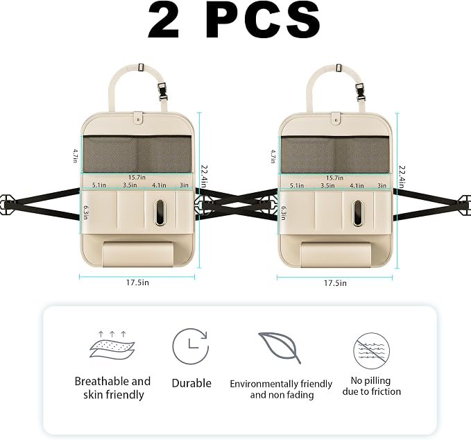 XDV Car Seat Organizers,Multi-functional Back Seat Protectors, Storage Pouches, Child kicking prevention and Tray Holders (for Cars, Kids, Seat Back and Rear Seats) (Beige, 2 Pcs)