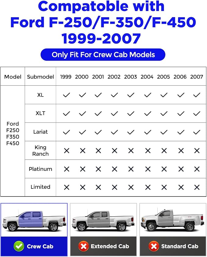 All-Weather Floor Mats for Ford F-250/F-350/F-450 1999-2007 (Only for Crew Cab) Super Duty - Heavy-Duty Rubber Front & Rear Row, Non-Slip Design - Not for 2nd Row Captain Seats with Center Console