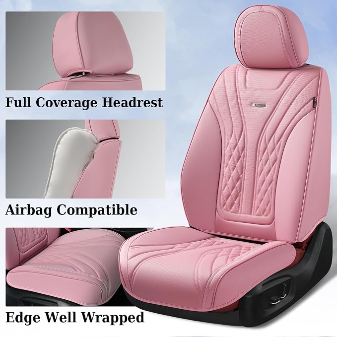 Coverado Car Seat Covers Full Set, 5 Seats Front Seat Cover and Back Seat Covers for Cars, Automotive Seat Covers Nappa Leather Waterproof Seat Covers, Car Seat Protectors Universal for Cars Pink