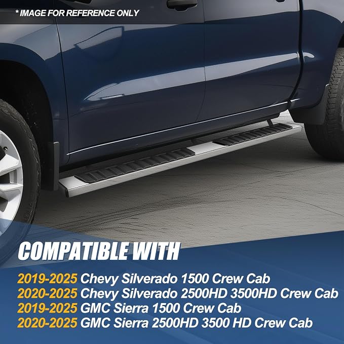 Auto Dynasty Running Boards Compatible with 2019-2026 Chevy Silverado GMC Sierra 1500 2500HD 3500HD Crew Cab, Stainless Steel Side Step Rail Nerf Bars, 6" Step Bars, Chrome 20 21 22 23 24 25