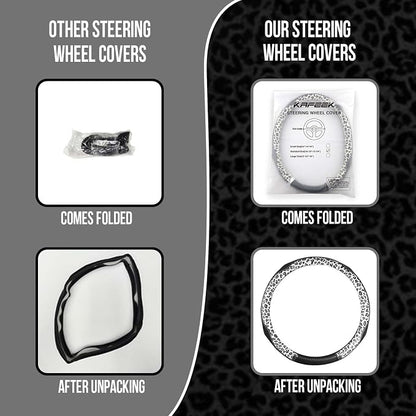 KAFEEK Leopard Print Steering Wheel Cover for Women, Classy Carbon Fiber and Soft Microfiber Leather, 15 Inch Universal Car Wheel Protector, Aesthetic Off-White Cheetah Print, Anti-Slip & Breathable