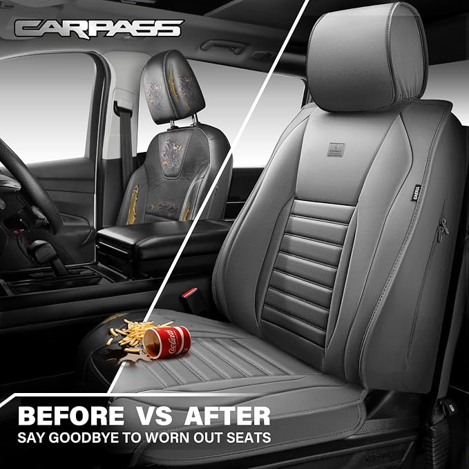 CAR PASS Nappa Leather Car Seat Covers Front Seats, Luxury Seat Protector for Cars, Waterproof Anti-Slip Seat Cushion Airbag Compatible Universal for Sedan SUV Pick-up Truck Automotive Vehicle, Gray