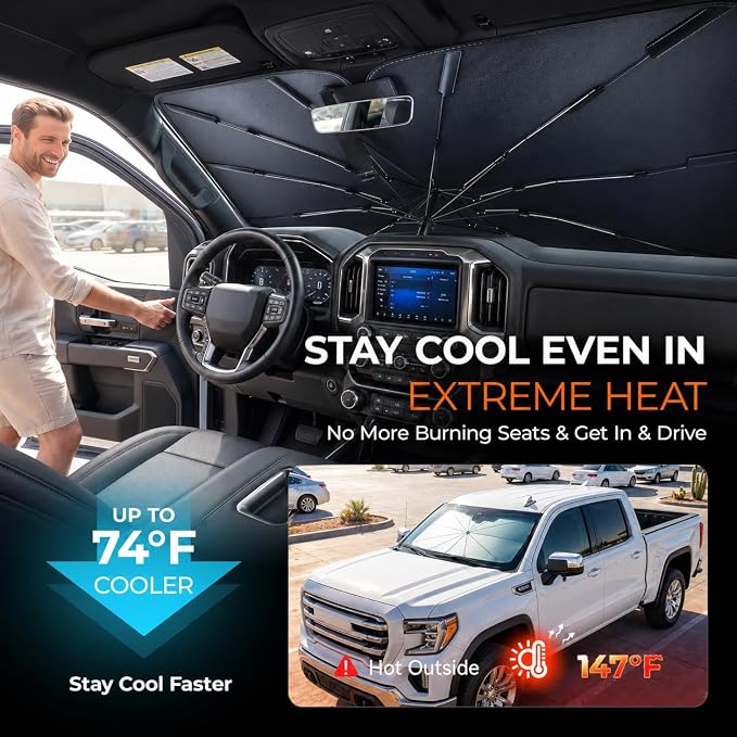 [2026 Upgraded] DooGooCoo Windshield Sun Shade Umbrella for GMC Sierra [100% Sunlight Blocked, Cooling Ice Crystal] Sunshade for Car Windshield for Sierra Sun Shade 2014-2026, Custom Fit for Sierra.