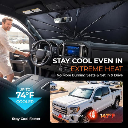 [2026 Upgraded] DooGooCoo Windshield Sun Shade Umbrella for GMC Sierra [100% Sunlight Blocked, Cooling Ice Crystal] Sunshade for Car Windshield for Sierra Sun Shade 2014-2026, Custom Fit for Sierra.