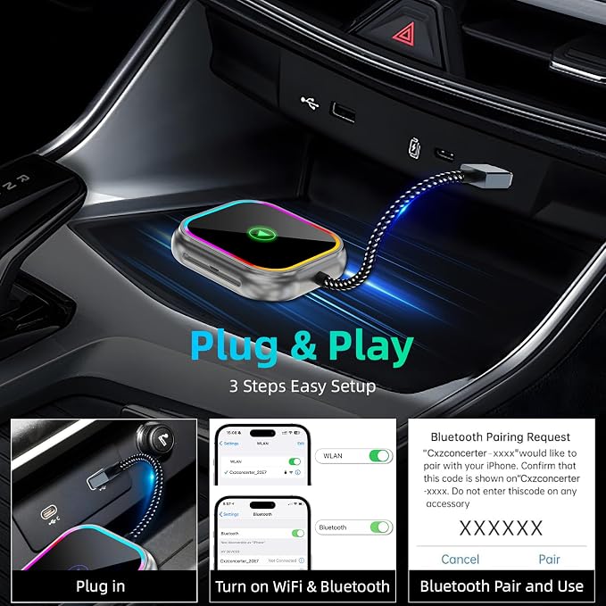 Wireless Carplay Adapter for iPhone, 2025 Upgraded for Apple Carplay Dongle USB and Type C Port, Plug & Play, Auto Connect,Convert Wired to Wireless,Grey
