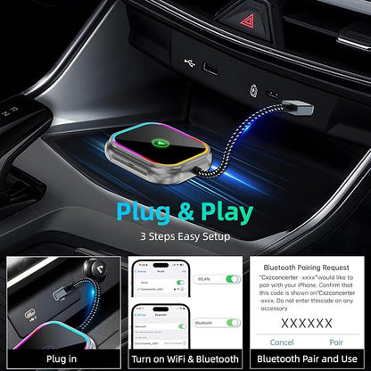 Wireless Carplay Adapter for iPhone, 2025 Upgraded for Apple Carplay Dongle USB and Type C Port, Plug & Play, Auto Connect,Convert Wired to Wireless,Grey