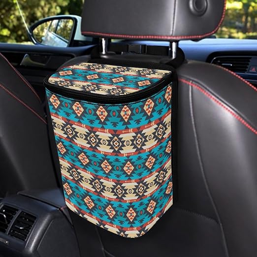 Aztec Tribal Geometric Pattern Car Trash Can with Lid and Zipper Portable Foldable Ethnic Style Trash Bin for Car Interior Accessories Multipurpose Garbage Can Bags Storage Organizer
