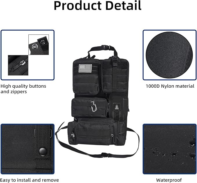 Tactical Car Seat Back Organizer,Tactical Molle Seat Back Organizer with 6 Detachable Molle Pouch,Universal Fits for Car Truck Jeep Vehicle Black