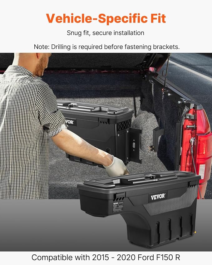 VEVOR Truck Bed Storage Box, Compatible with 2015-2020 Ford F150 R, Waterproof ABS Wheel Well Tool Box with Lockable Lid and Password Padlock, 6.6 Gal/25 L Truck Bed Toolbox, Passenger Side, Black