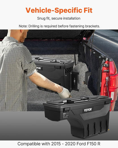 VEVOR Truck Bed Storage Box, Compatible with 2015-2020 Ford F150 R, Waterproof ABS Wheel Well Tool Box with Lockable Lid and Password Padlock, 6.6 Gal/25 L Truck Bed Toolbox, Passenger Side, Black