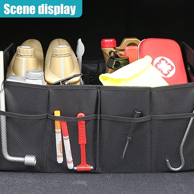 Car Trunk Organizer, Collapsible Multi-Compartment Auto Storage Box with 4 Pockets, Waterproof Oxford Fabric Car Trunk Container Accessories for Sedan SUV Truck (Black)
