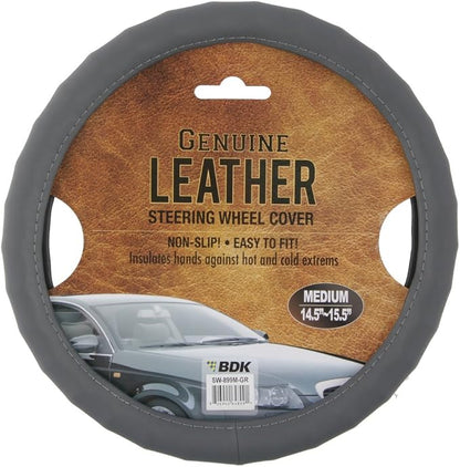 BDK SW-899-MG Genuine Leather Car Steering Wheel Cover 14.5-15 inch Medium/Gray, Easy Installation