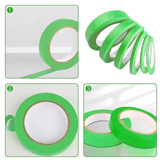 6 Rolls Fine Line Tape 1/16, 1/8, 1/5, 2/5, 1/2, 3/4 Inch x 55 Yard Fineline Masking Tape Painter Adhesive Automotive for DIY Car Auto Paint (Green, Mixed Sizes)