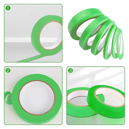 6 Rolls Fine Line Tape 1/16, 1/8, 1/5, 2/5, 1/2, 3/4 Inch x 55 Yard Fineline Masking Tape Painter Adhesive Automotive for DIY Car Auto Paint (Green, Mixed Sizes)