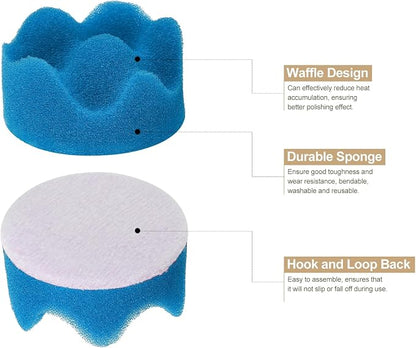 HARFINGTON 3pcs Buffing Sponge Pads 2" Polishing Wheel Waffle Finishing Grip Pad Car Buffer Polisher with Hook and Loop Back for Car Detailing Polishing Waxing, Blue