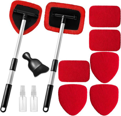 Qydipclin 11pcs Windshield Cleaner Tool, Car Window Cleaning Wash Kit with 6 Reusable Microfiber Pads 2 Spray Bottles and Extendable Handles Auto Glass Wiper Kit, Red