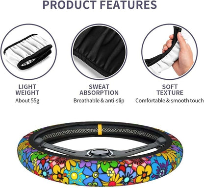 Hippie Flower Steering Wheel Cover Car Accessories Cute for Women Girls Girly Universal 15 Inch Neoprene Auto Interior Decor Anti Slip Car Truck Protector