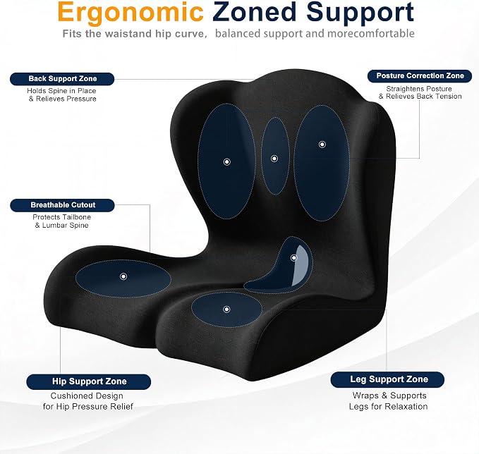 Seat Cushion for Office Chair and Car – L-Shaped Ergonomic Seat Cushions for Stability & Anti-Slip, Orthopedic Cushion for Sciatica, Back & Tailbone Pain Relief, Black