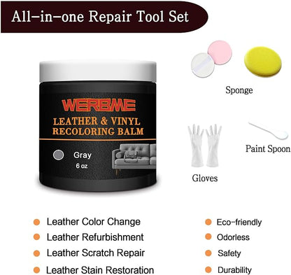 Leather Recoloring Balm - Leather & Vinyl Repair Balm for Furniture, Couches,Car Seats, Auto Interior & Accessories, Restores Faded, Worn, Scratched and Cracked Leather Surfaces (Gray)