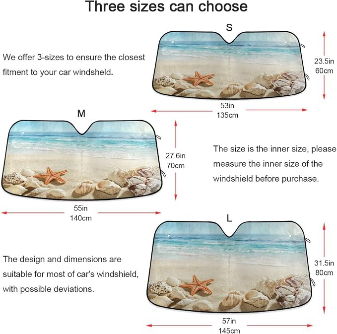 Summer Beach Starfish Seashell Windshield Sun Shade for Car Auto SUV Truck Foldable Front Window Sunshade Sun Visor Protector Block UV Rays Reflect Heat, 55" x 28"