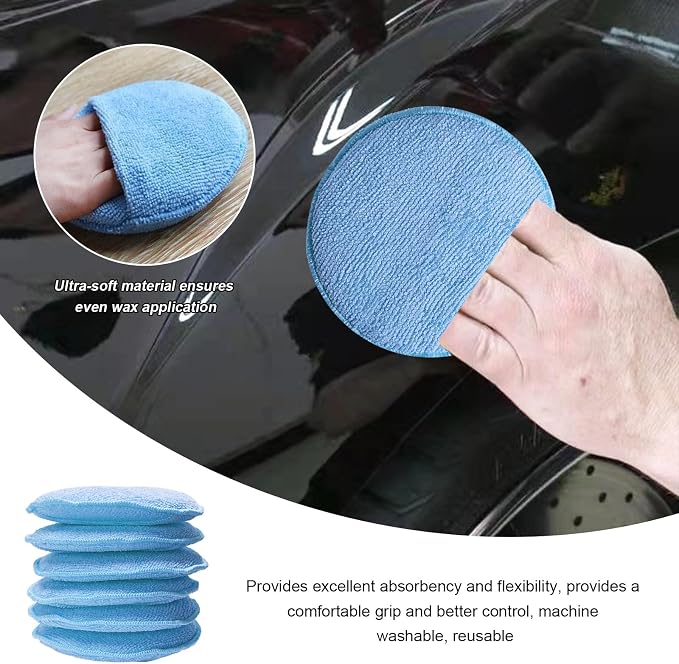 8PCS Microfiber Wax Applicator Pads, 5 Inch Round Car Wash Sponge Cleaning Tools with Finger Pocket, Scratch-Free Ultra-Soft Foam Bulk for Fine Polishing Detailing Waxing (Light Blue)