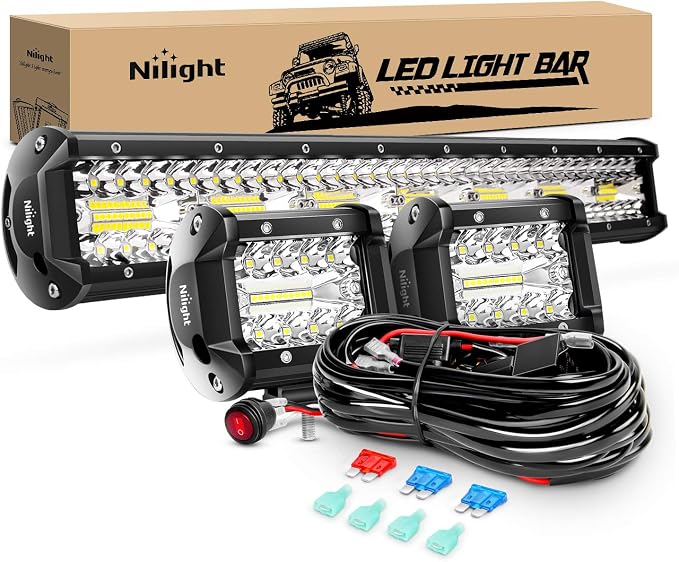 Nilight 20Inch 420W Triple Row Spot Flood Combo Led Light Bar Work Driving Lamp 2Pcs 4Inch 60W Cube LED Pods Lights for Trucks with Off-Road Wiring Harness Kit-3 Leads