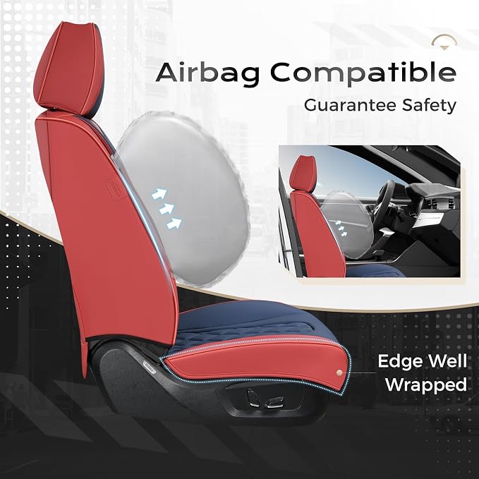 Coverado Leather Car Seat Covers, Automotive Seat Cover Waterproof Seat Covers for Cars, 2 Pack Leather Seat Covers, Driver Seat Cover Car Seat Cushion Protector Universal Fit for Most Cars - Red&Blue