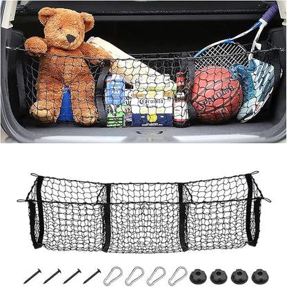Cargo Net for Car, Expandable 3 Pocket Heavy-Duty Cargo Net Organizer, Black Mesh Storage Pocket with 4 Metal Carabiners Universal for Car, SUV, Pickup Truck, Van Trunk Bed