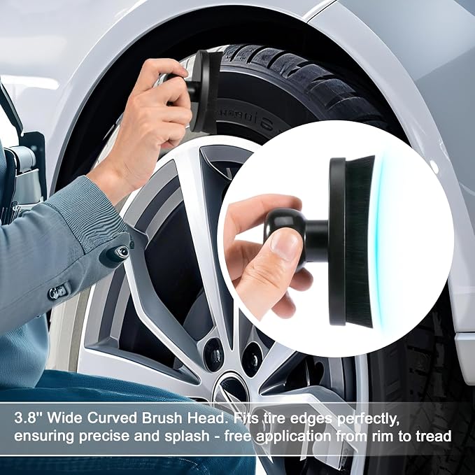 Yoseng Tire Shine Brush - Curved Brush Head & Large 3.8'' Tire Dressing Applicator with Storage Stand for Automotive Detailing, Car Enthusiasts, DIY Users (Vegan, Washable, Black)