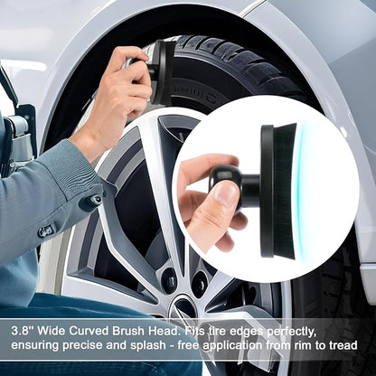 Yoseng Tire Shine Brush - Curved Brush Head & Large 3.8'' Tire Dressing Applicator with Storage Stand for Automotive Detailing, Car Enthusiasts, DIY Users (Vegan, Washable, Black)