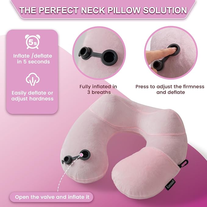 Keemall Inflatable Travel Pillow, Premium Soft Pink Velvet Inflatable Neck Pillow, Washable Lightweight Portable Travel Essentials for Flight Road Trip Camping Office, Travel Gift for Women Girls