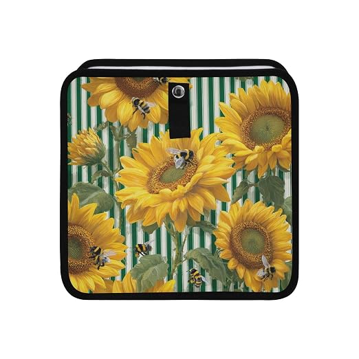 Car Trash Can Organizer Bin with Adjustable Strap for Back Front Seat Console Waterproof Leakproof Collapsible Portable 8.66 Inch Green Striped Sunflowers and Honey Bees