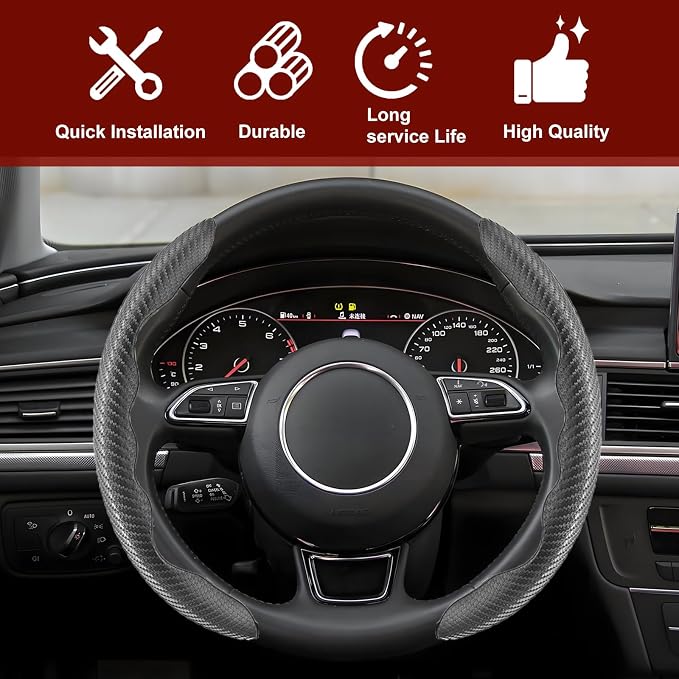 Universal Fit Carbon Fiber Steering Wheel Cover, Segmented Steering Wheel Protector, Carbon Fiber Anti-Skid Steering Wheel Cover Car Interior Accessories (2 Pcs Black)